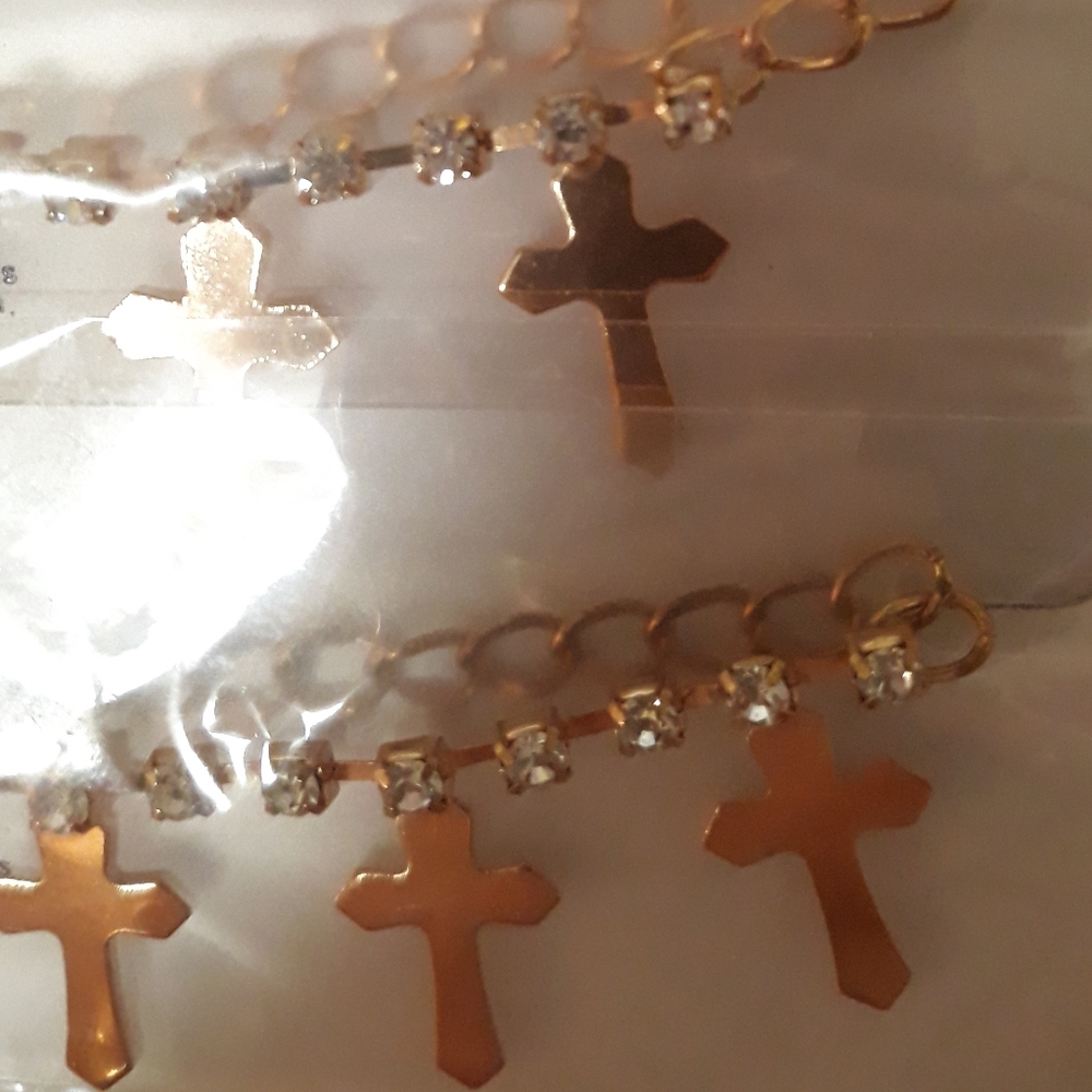 Rhinestone Cross Anklet NEW Embellished Double Layered Gold pl Anklet Set